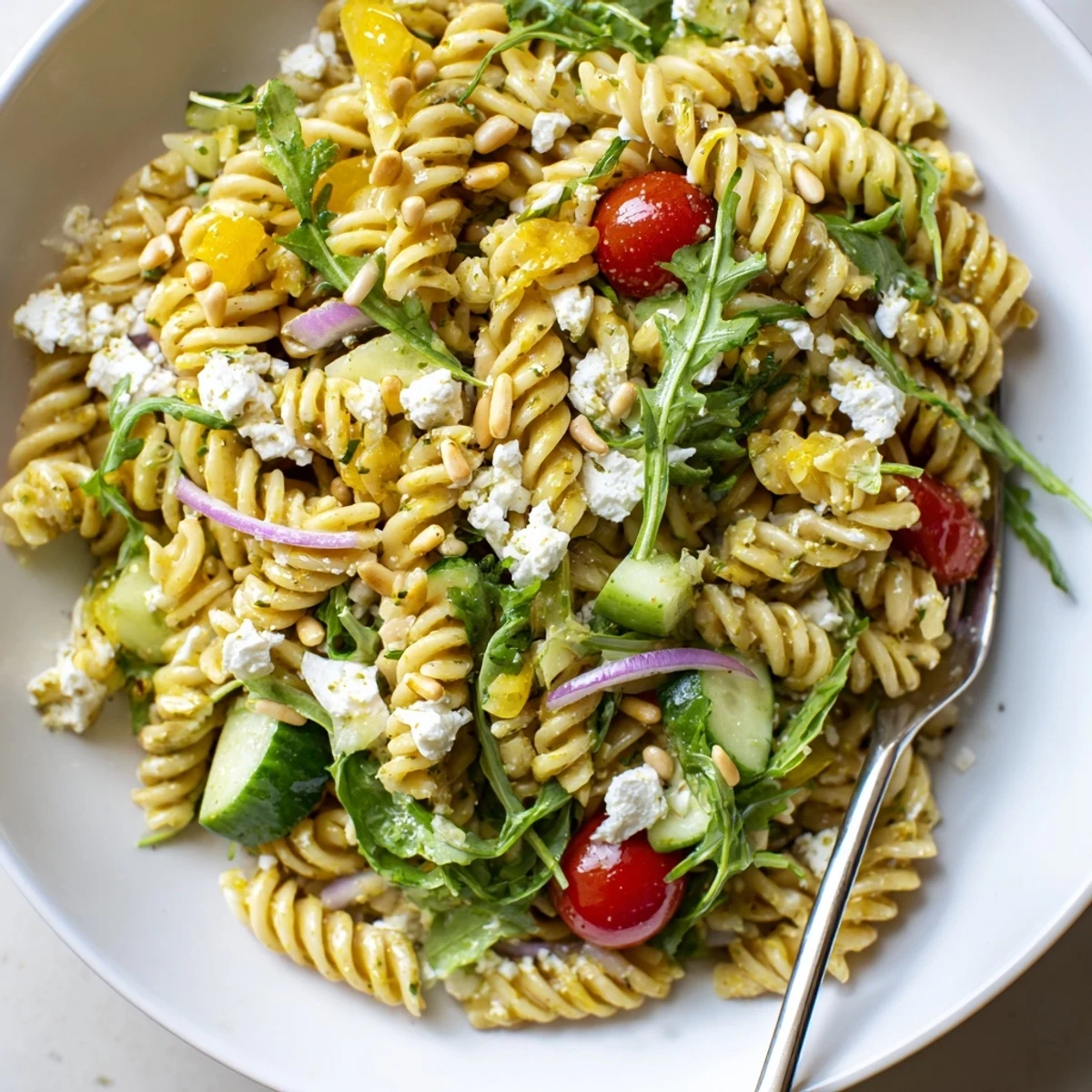 Quick Lemon Arugula Pasta Salad tossed with cherry tomatoes and crumbled feta cheese