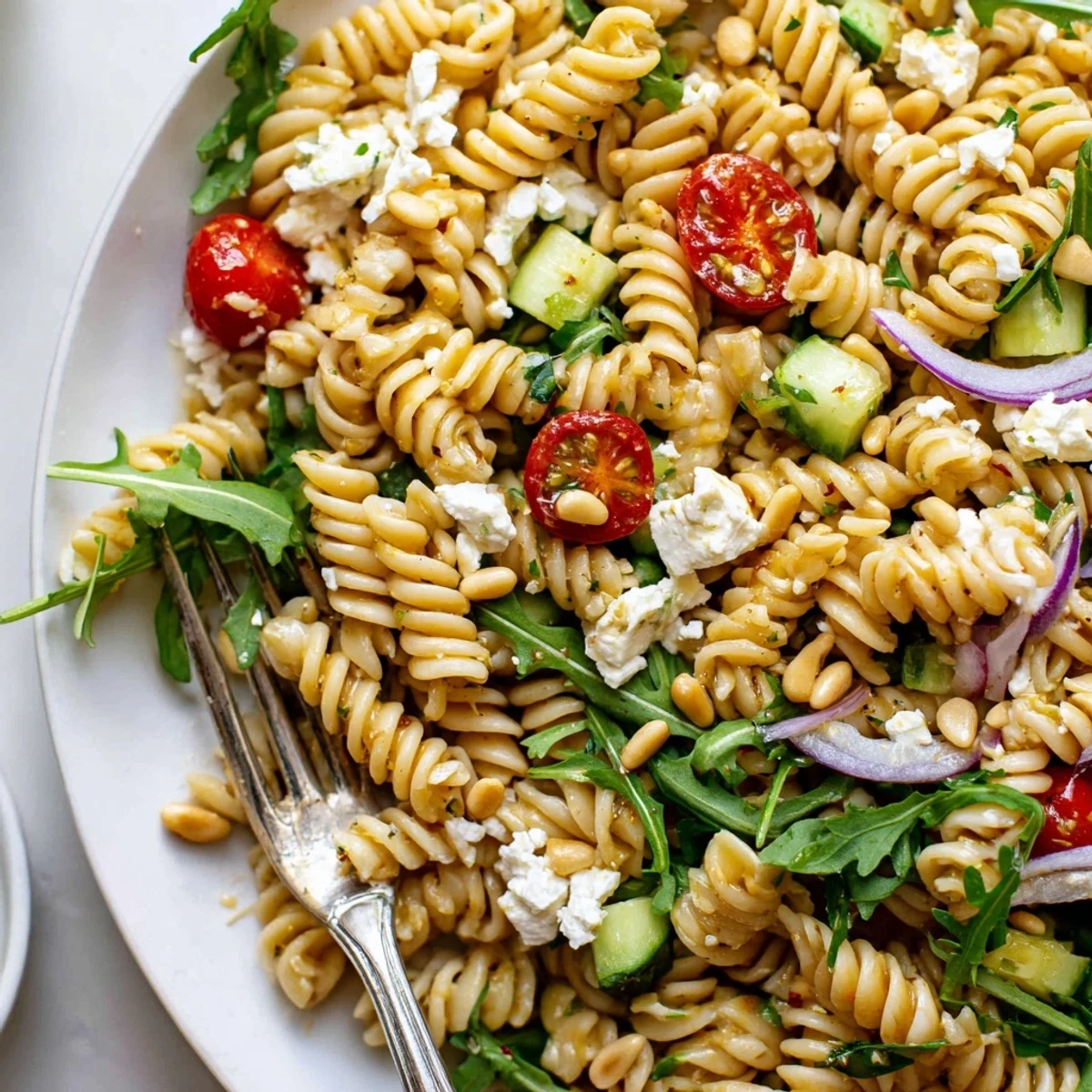 Zesty Quick Lemon Arugula Pasta Salad in a white bowl with fresh garnish