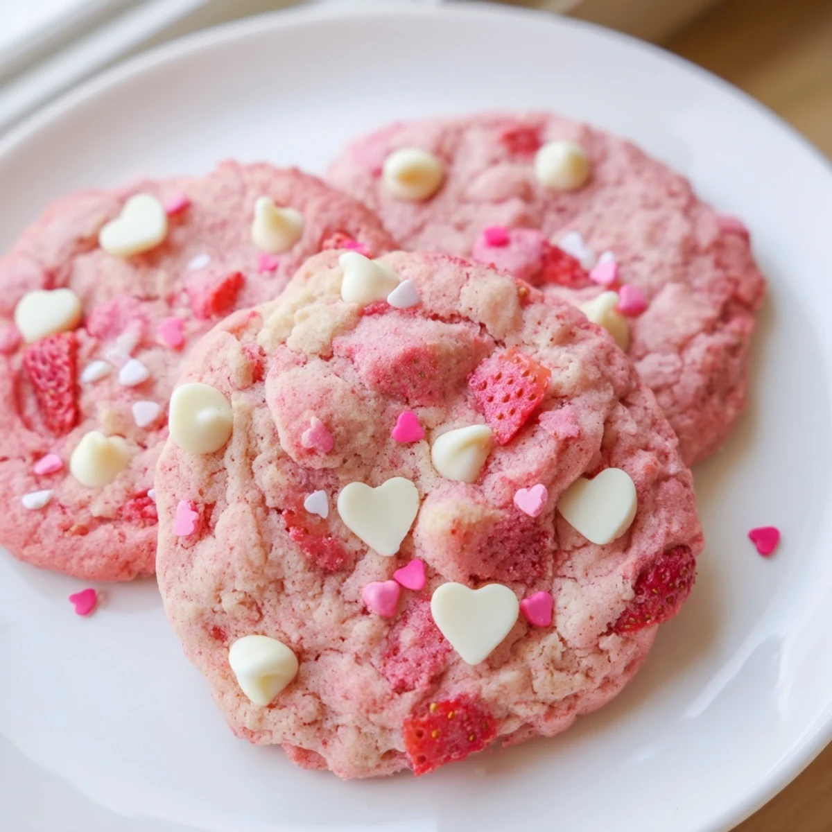 Soft pink Valentine Strawberry Cookies with white chocolate chips on a rustic baking sheet