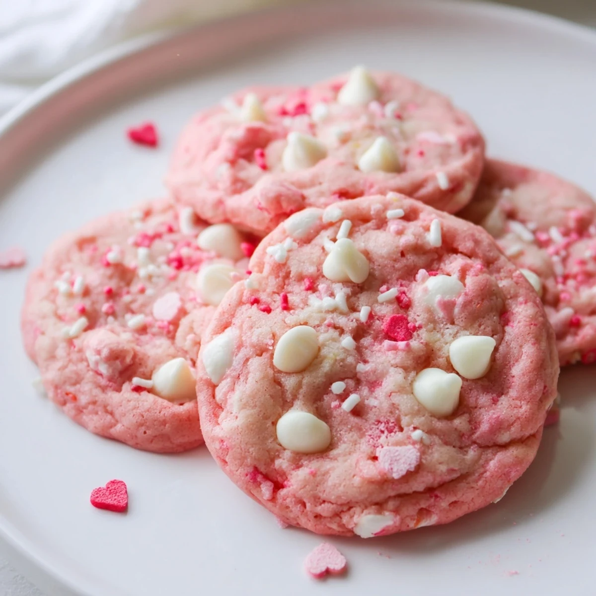 Chewy Valentine Strawberry Cookies topped with heart sprinkles arranged on a decorative plate