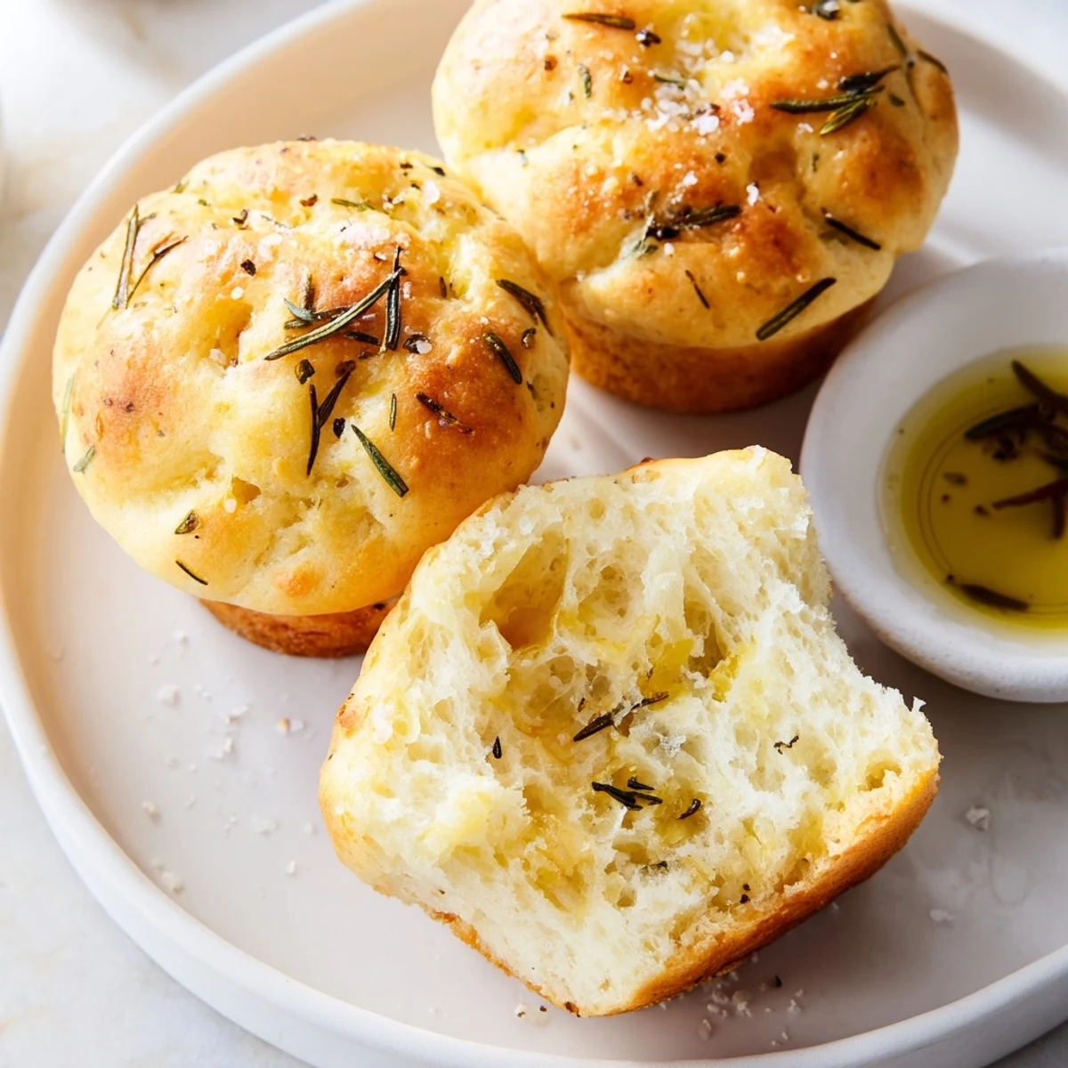 Golden garlic rosemary focaccia muffins fresh from the oven with herb-flecked tops