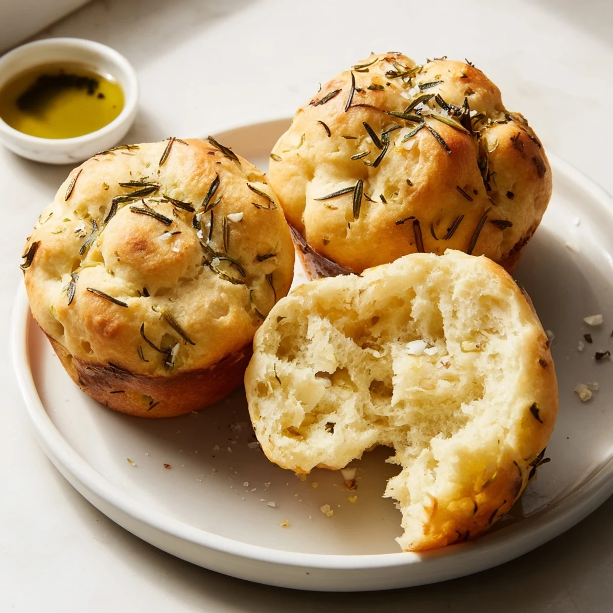 Crispy-edged garlic rosemary focaccia muffins nestled in a tin ready for serving