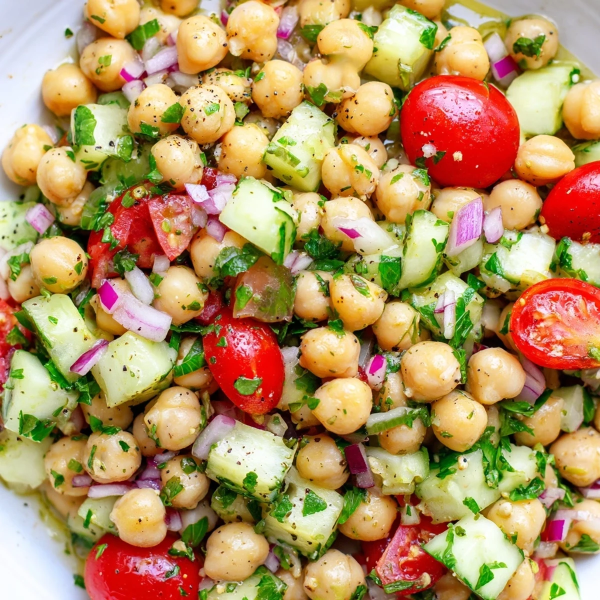 Creamy chickpeas and crunchy cucumber glistening with olive oil and fresh parsley