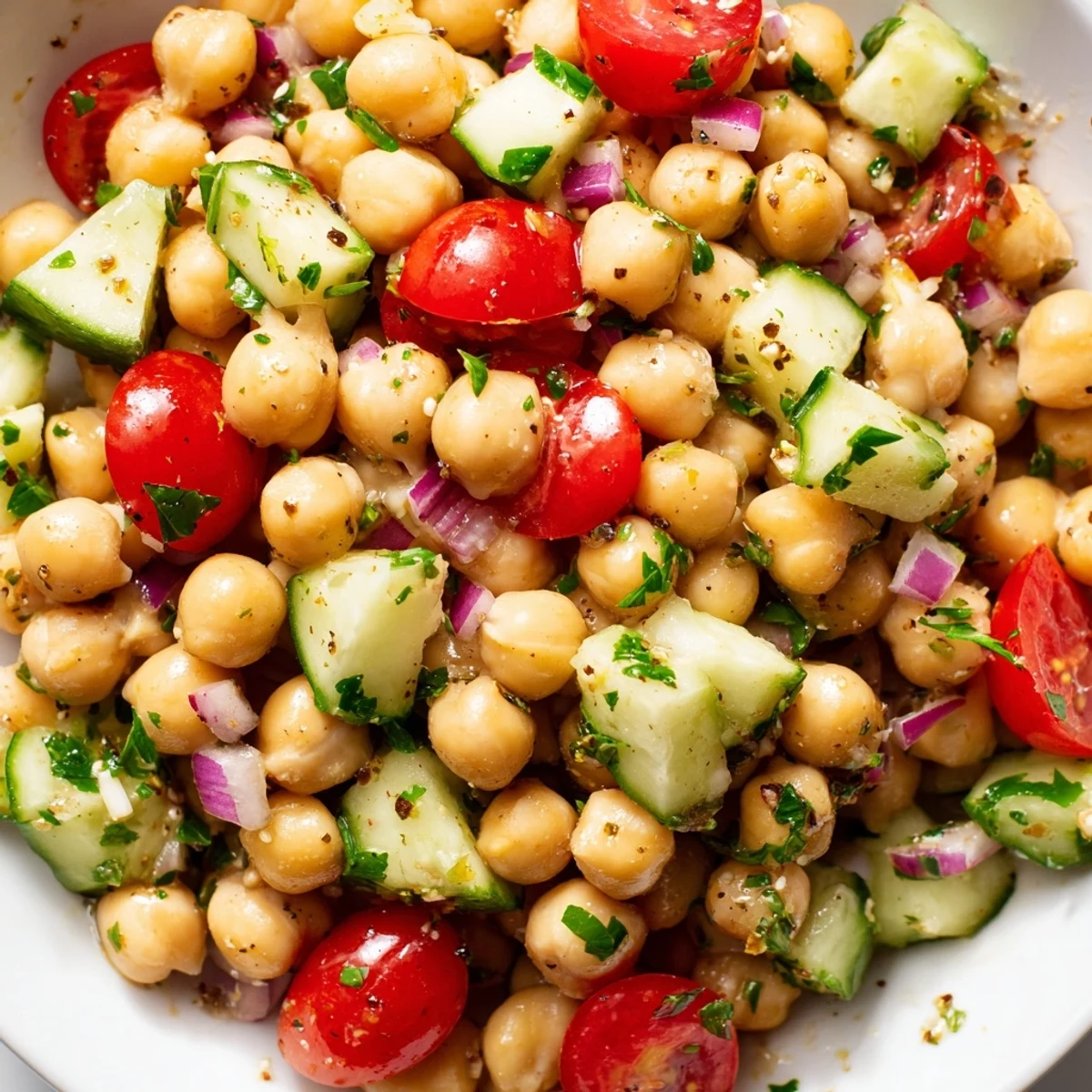 Colorful chickpea cucumber salad served in a bowl with zesty garlic lemon vinaigrette