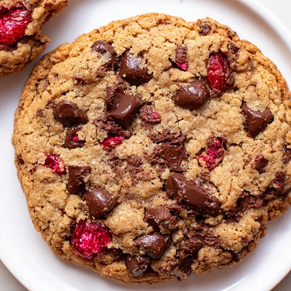 Soft maraschino cherry chocolate chip cookies with golden edges on a rustic cooling rack