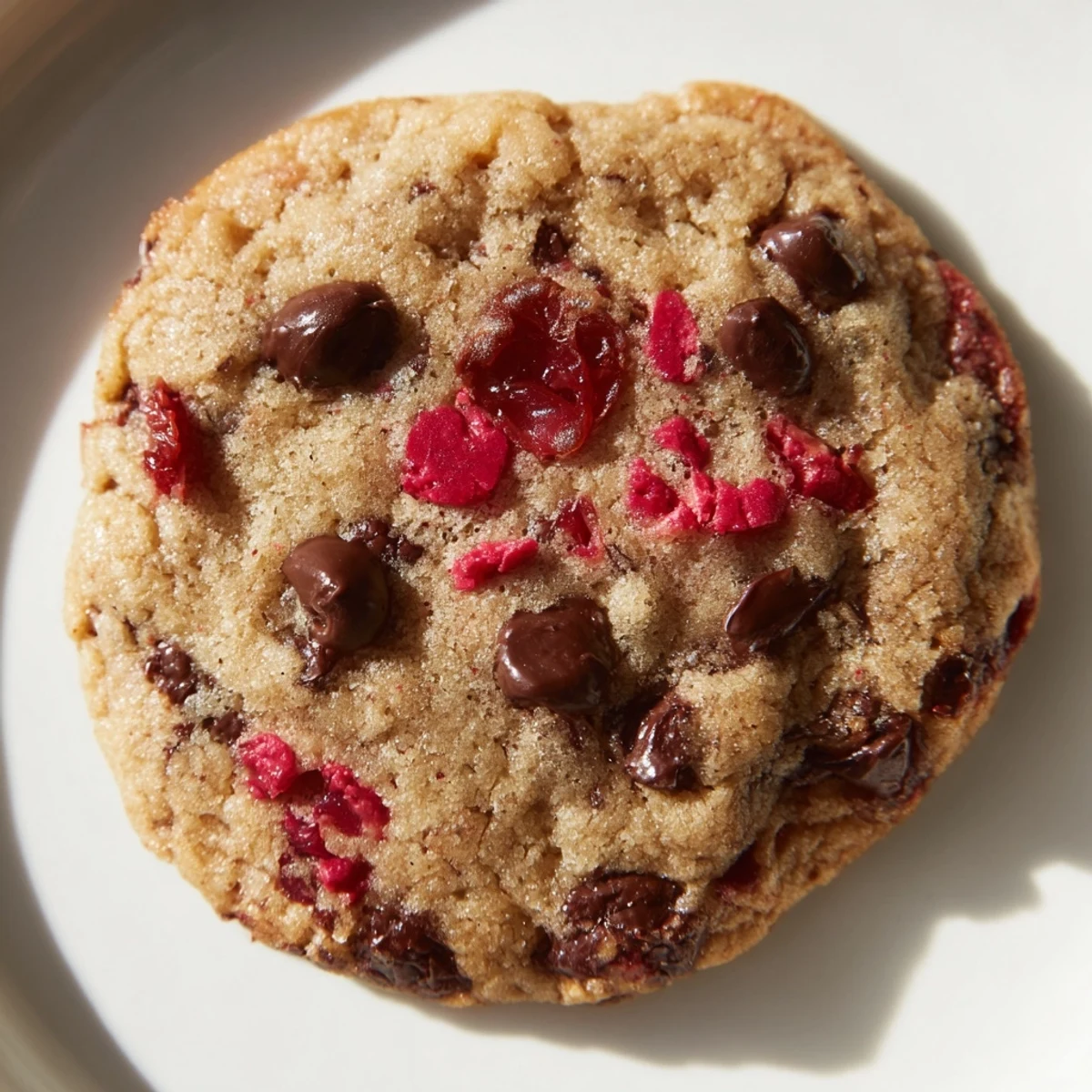 Gooey maraschino cherry chocolate chip cookie broken open revealing melted chocolate and cherry pieces