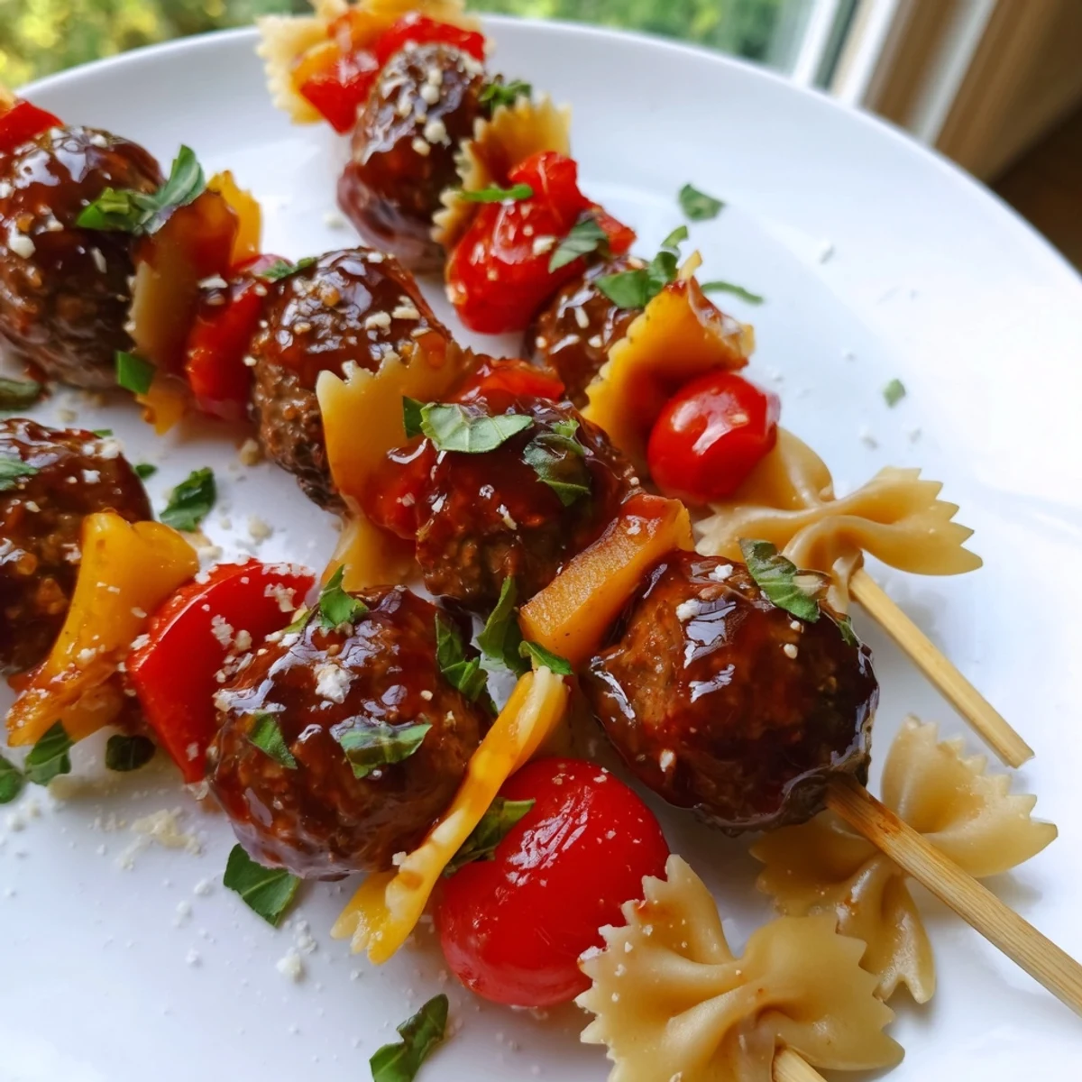 Juicy cocktail meatball skewers with bowtie pasta and colorful bell peppers on a platter