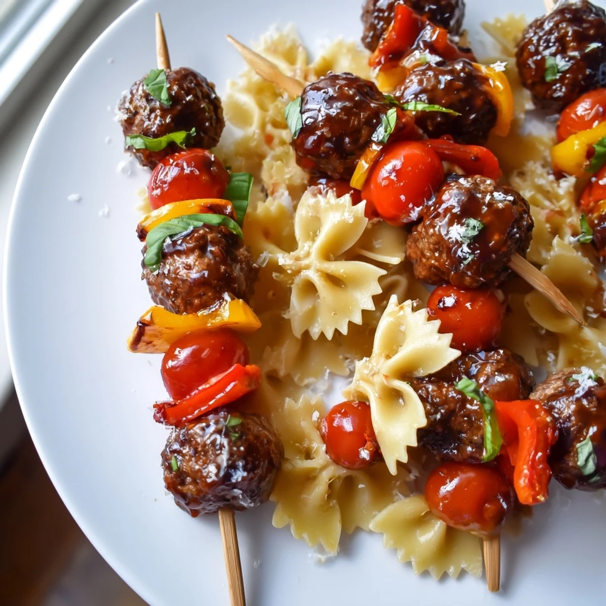 Bowtie pasta and cocktail meatball skewers drizzled with sauce and sprinkled with Parmesan