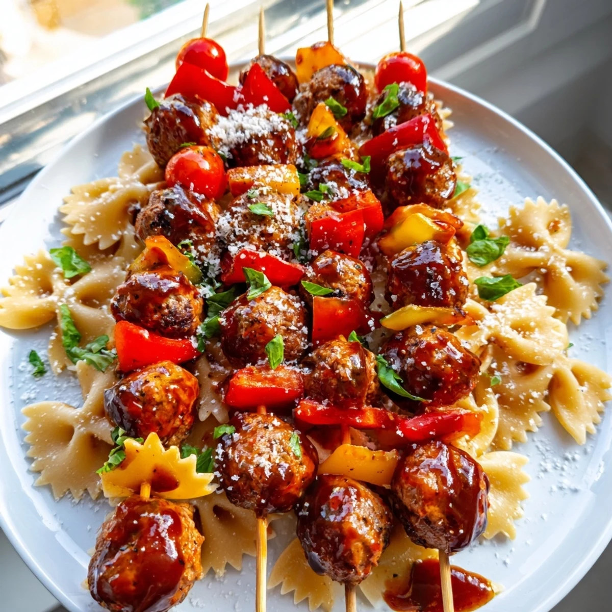 Glossy glazed meatballs threaded with farfalle pasta and ripe grape tomatoes on wooden skewers