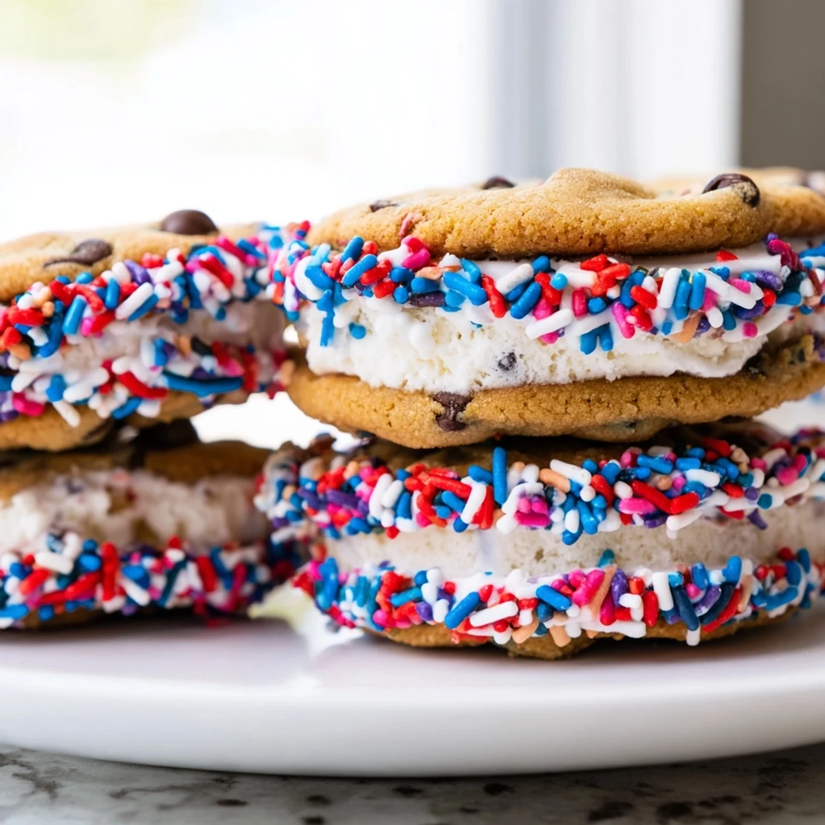 Festive Patriotic Mini Ice Cream Sandwiches coated in red, white, and blue sprinkles on a summer tray