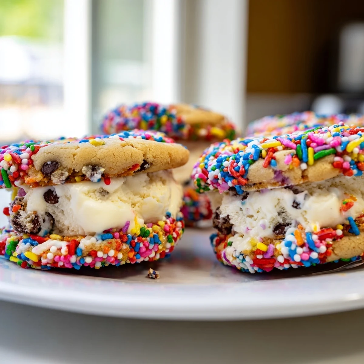 Bite-sized Patriotic Mini Ice Cream Sandwiches with vanilla ice cream oozing between soft chocolate chip cookies
