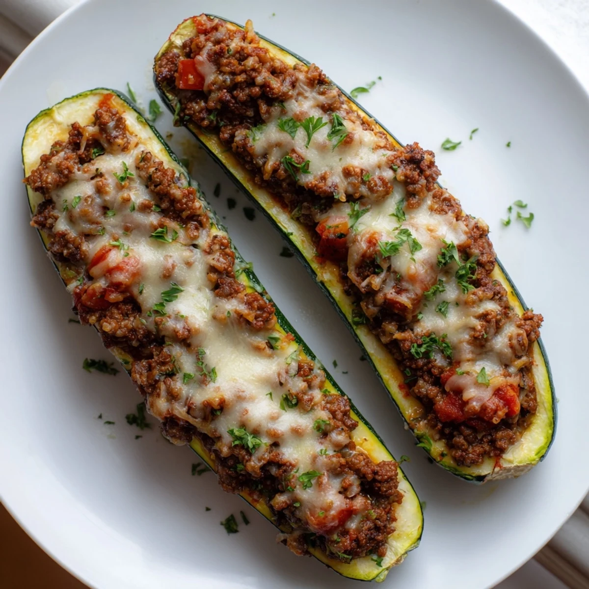 Golden cheesy stuffed zucchini boats with ground beef fresh from the oven