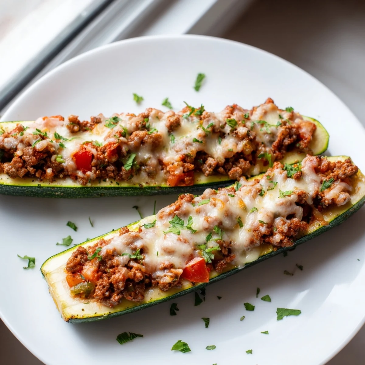 Stuffed zucchini boats with ground beef topped with bubbly melted mozzarella