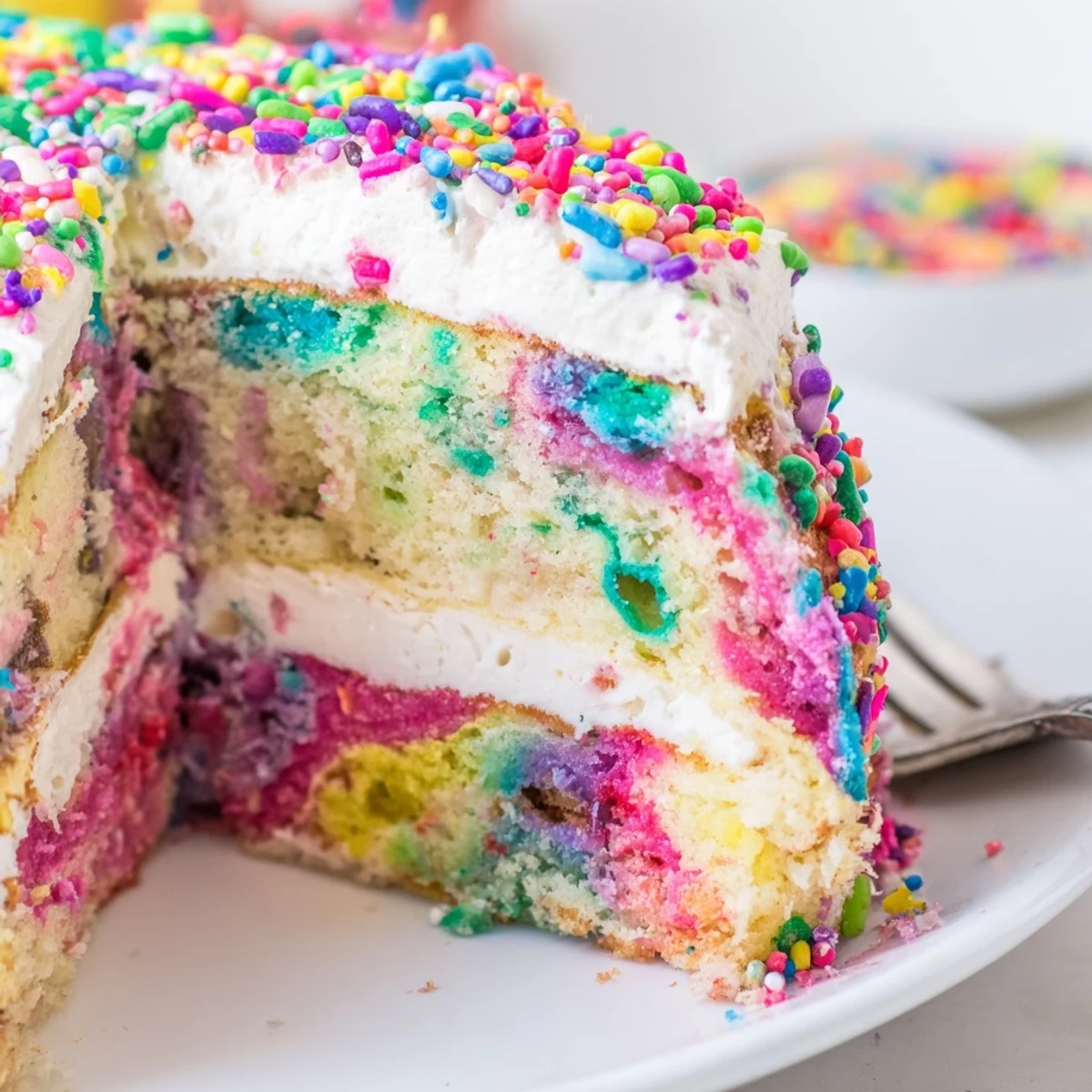 Colorful Unicorn Poke Cake with rainbow pudding stripes and whipped topping on a plate