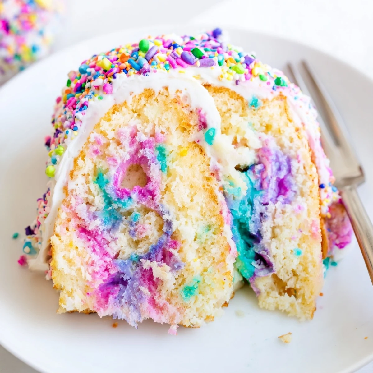 Slice of Unicorn Poke Cake showing vibrant pink purple and blue pudding filling