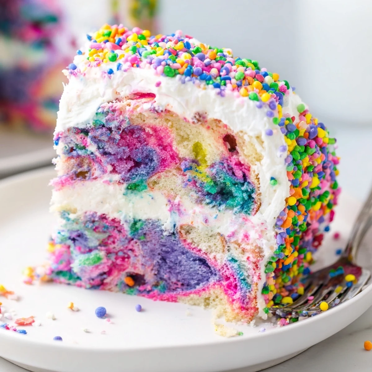 Festive Unicorn Poke Cake topped with fluffy whipped cream and bright confetti sprinkles