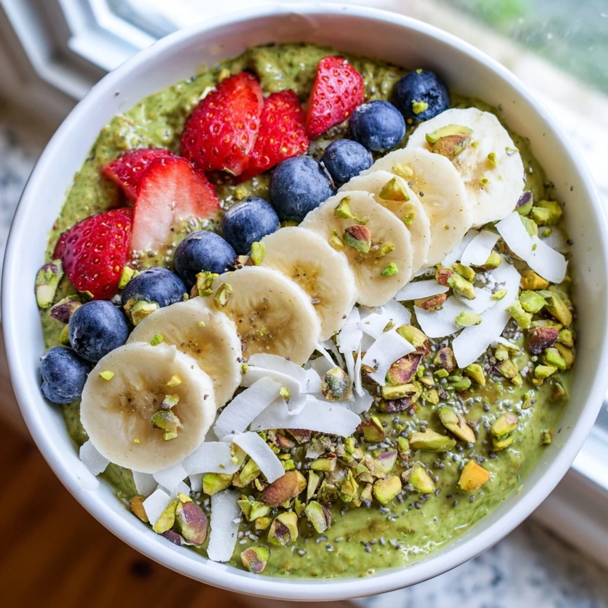 Creamy matcha overnight oats topped with sliced banana and fresh berries in a glass jar