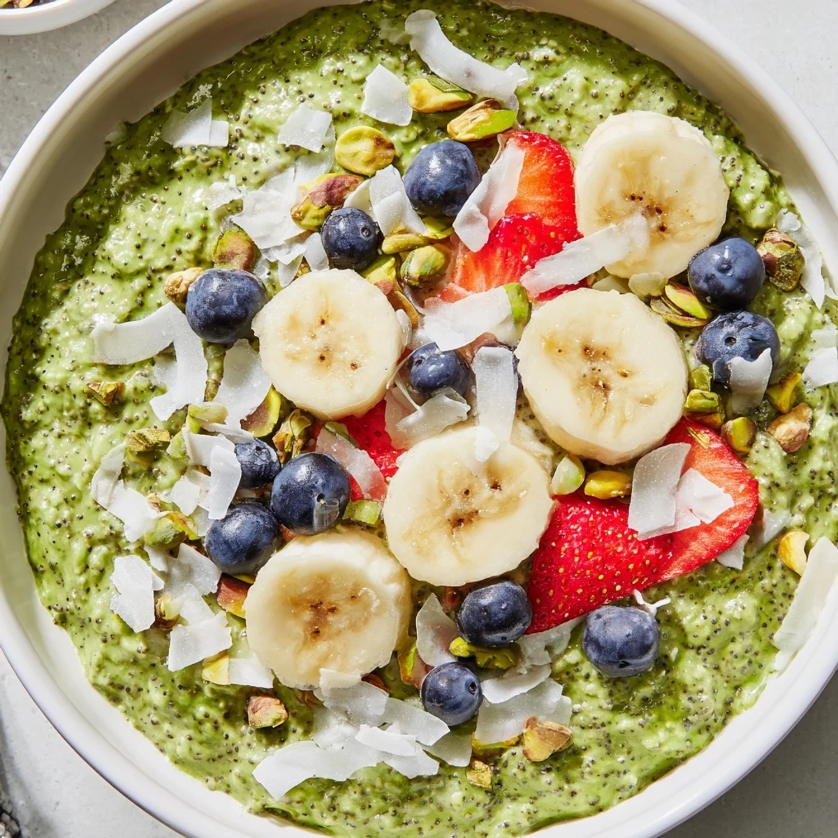 Vibrant green matcha overnight oats served in mason jars with toasted coconut and chopped pistachios