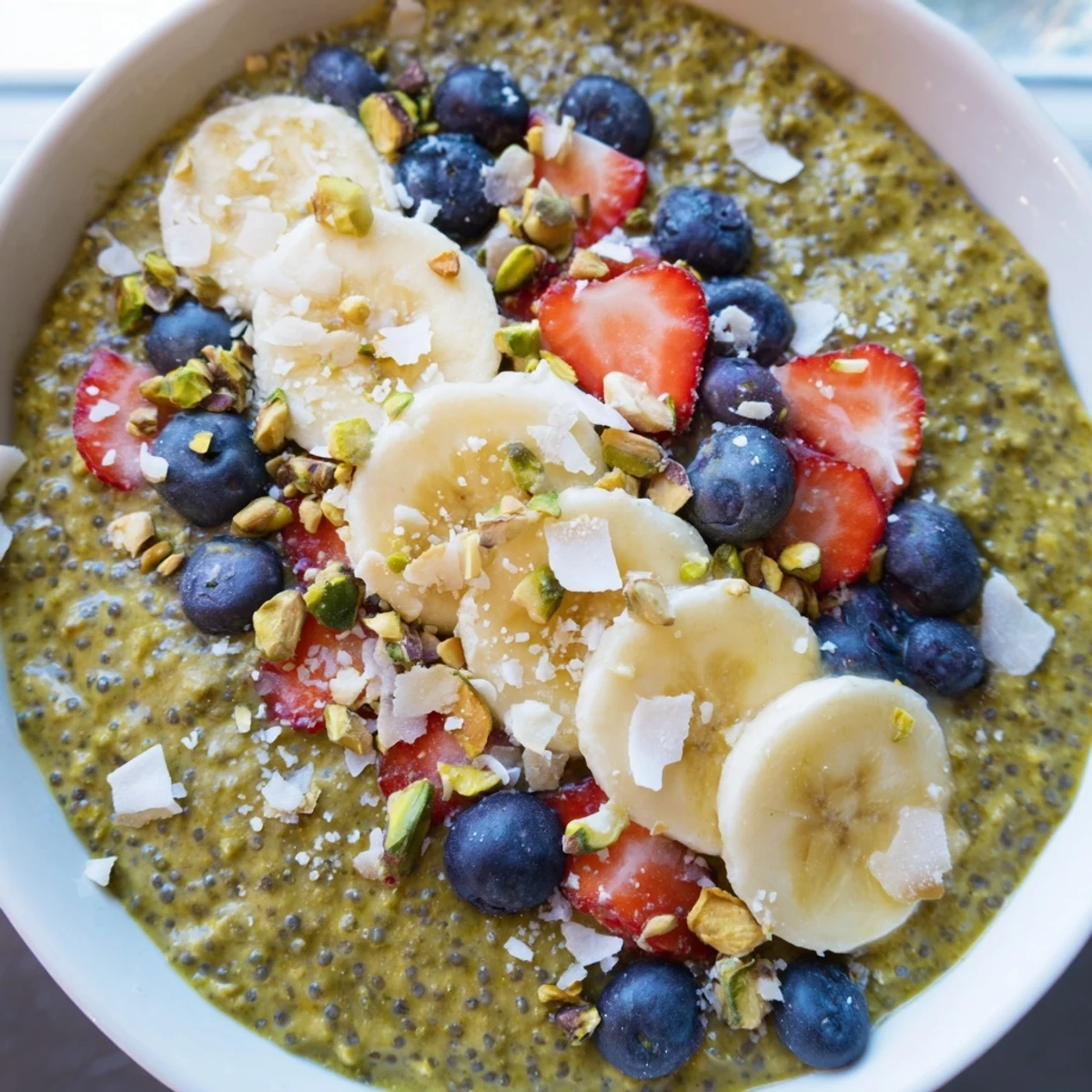 Smooth and earthy matcha overnight oats layered with crunchy almonds and a drizzle of honey