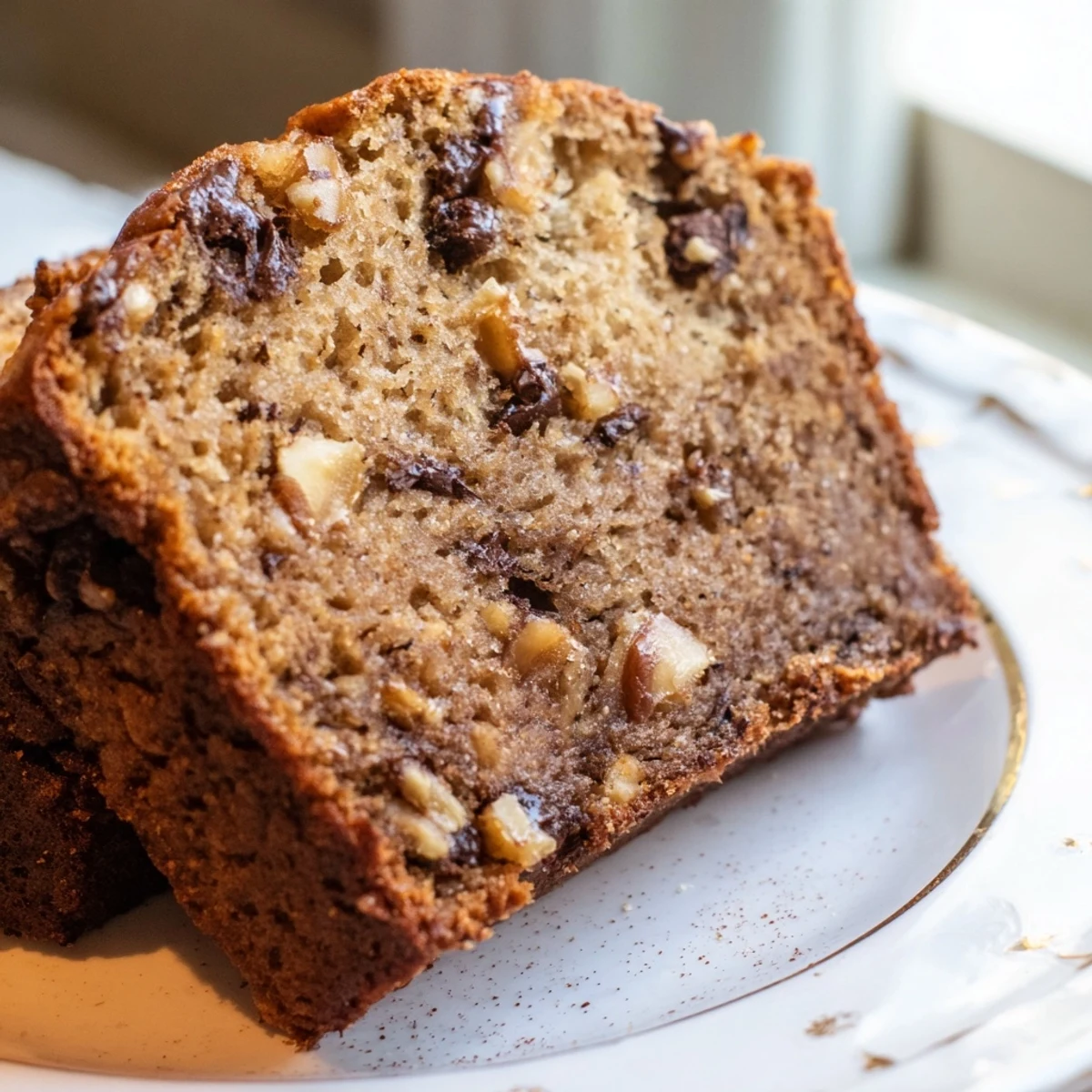 Golden-crusted super moist banana bread sliced thick on a rustic wooden cutting board