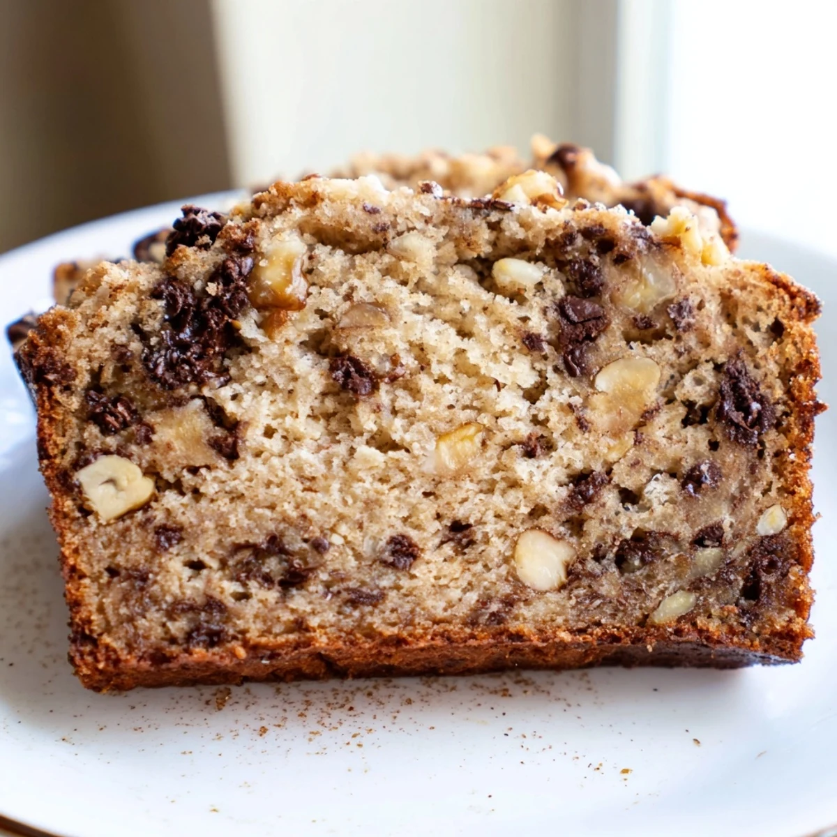 Tender super moist banana bread loaf dusted with cinnamon cooling on a wire rack