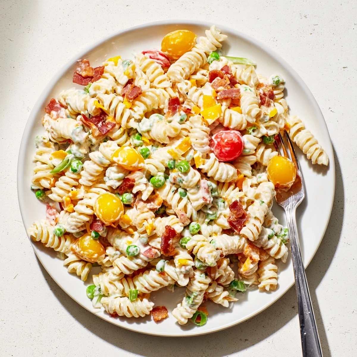 Creamy crack pasta salad tossed with cheddar, bell peppers, and green onions on a white plate