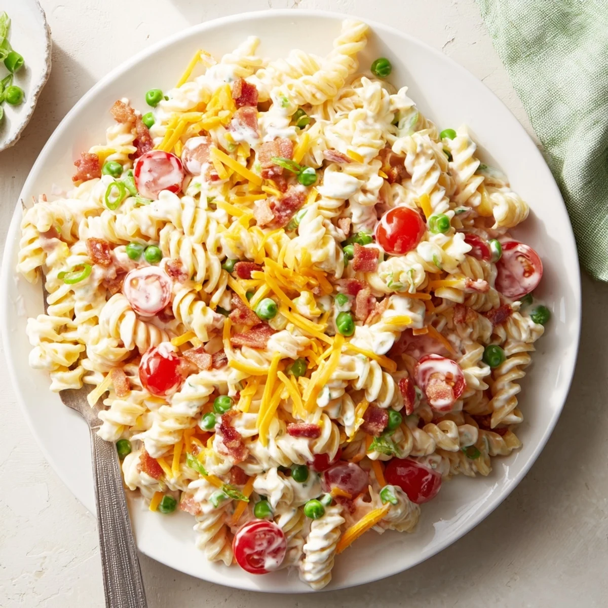 Heaping scoop of crack pasta salad draped in tangy ranch dressing with crunchy shredded cheddar