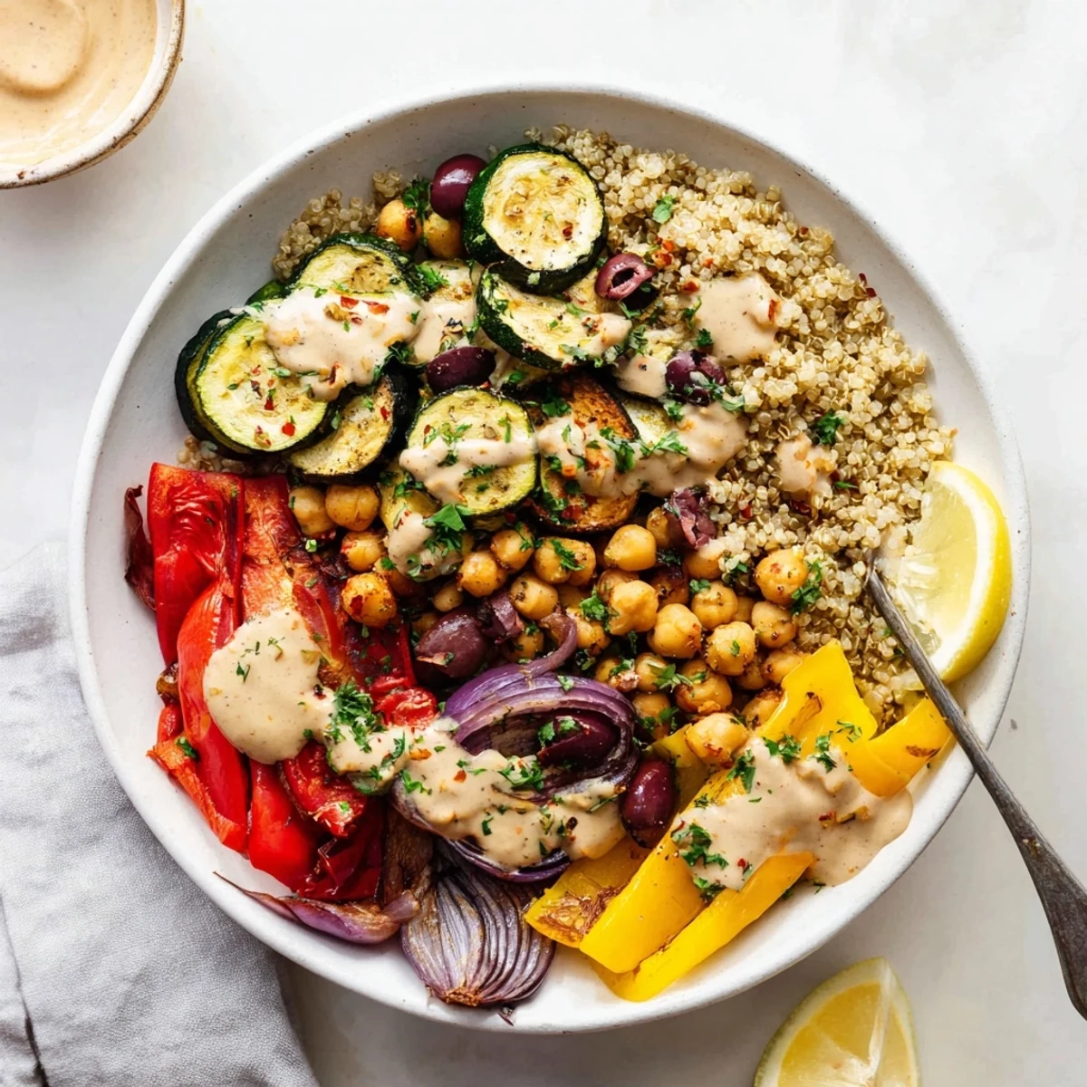 Golden roasted zucchini, eggplant, and chickpeas in a vegan Mediterranean roasted vegetables bowl drizzled with creamy tahini dressing.