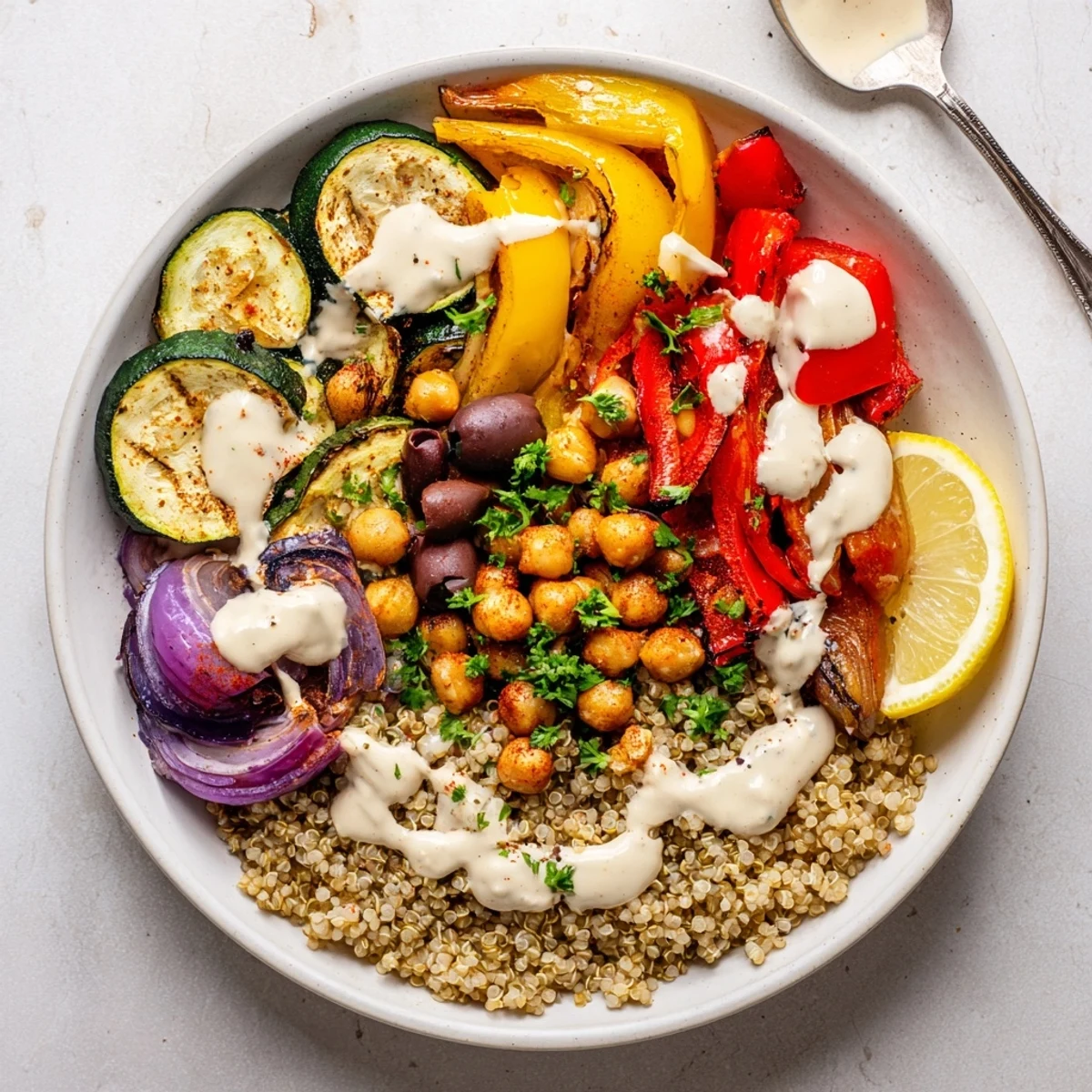 Warm vegan Mediterranean roasted vegetables bowl served over quinoa and topped with fresh parsley and kalamata olives.
