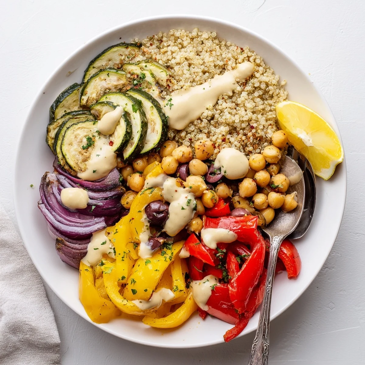 A cozy vegan Mediterranean roasted vegetables bowl featuring charred bell peppers, chickpeas, and a bright lemon-tahini drizzle.