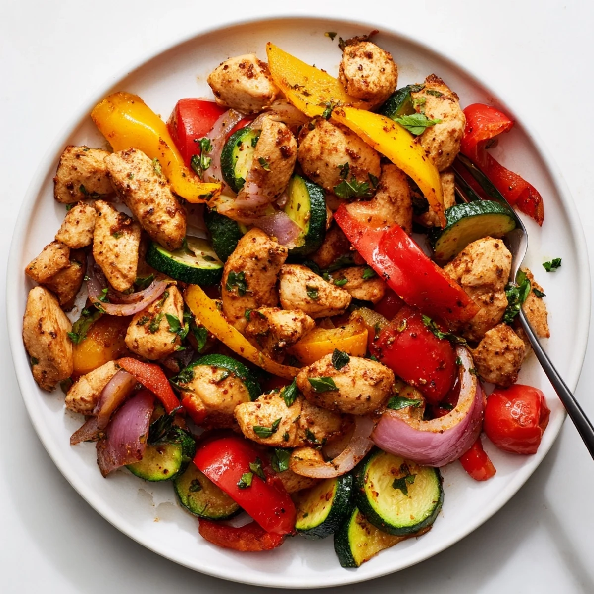 Golden chicken and colorful bell peppers sizzling in a quick flavorful one pan dish.