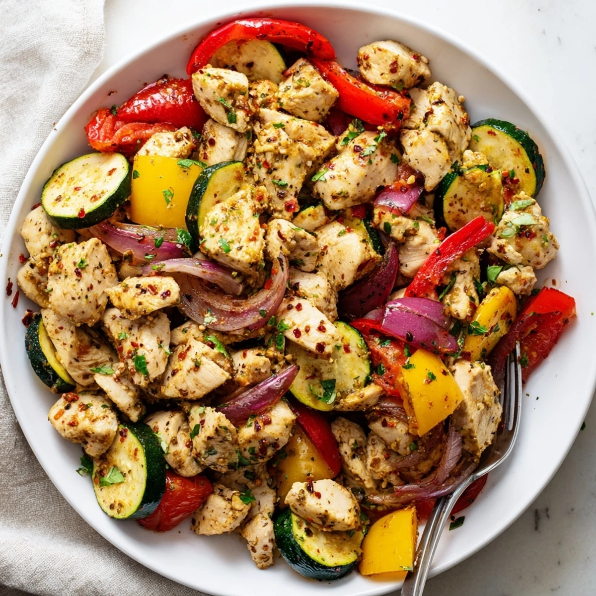 A steaming skillet of quick flavorful one pan dish topped with fresh parsley and lemon.