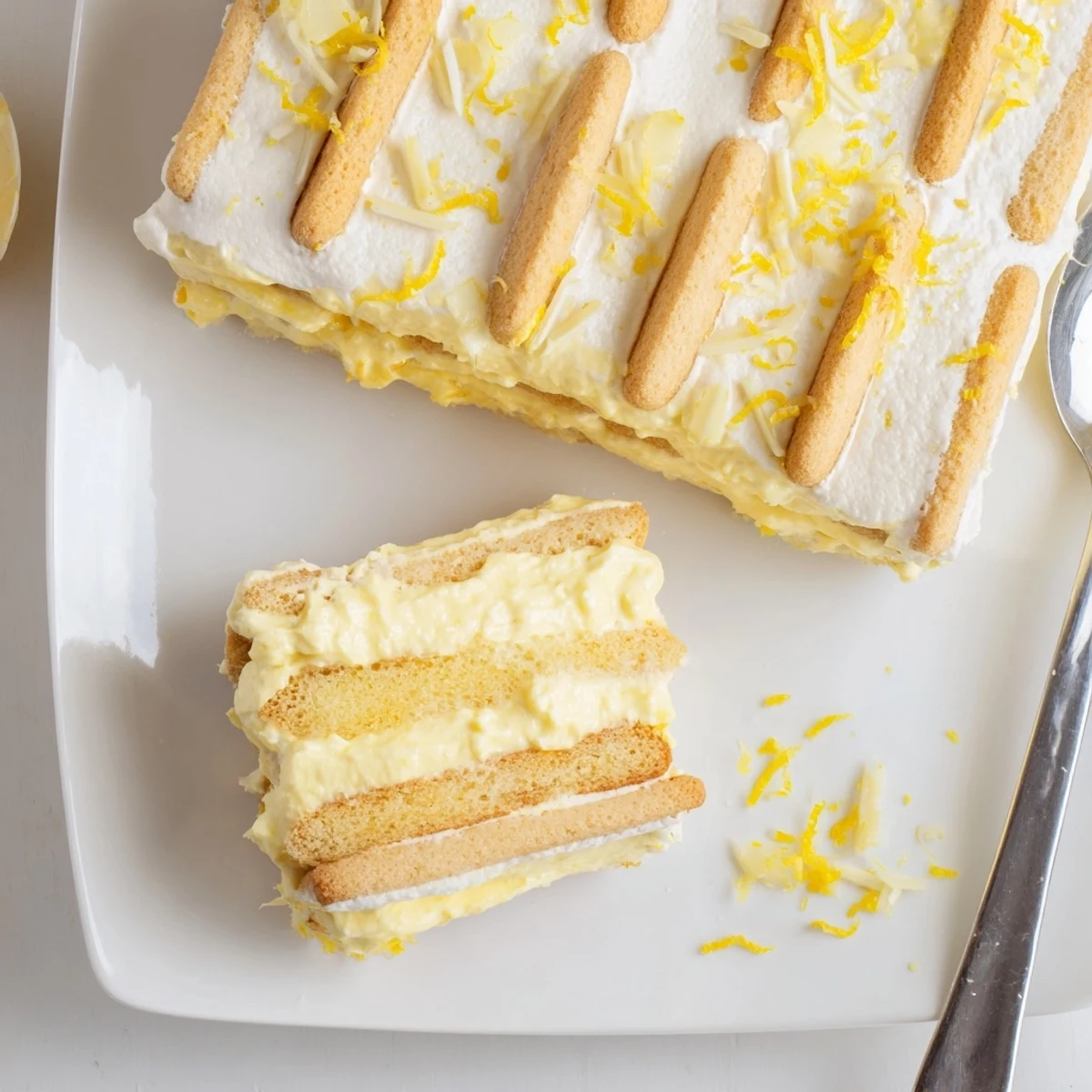 Tall glass dish of chilled lemon tiramisu with fluffy mascarpone and mint leaves