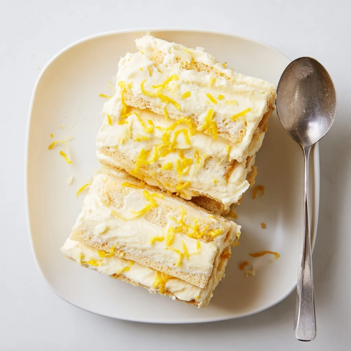 A refreshing no-bake lemon tiramisu sliced into squares topped with white chocolate curls