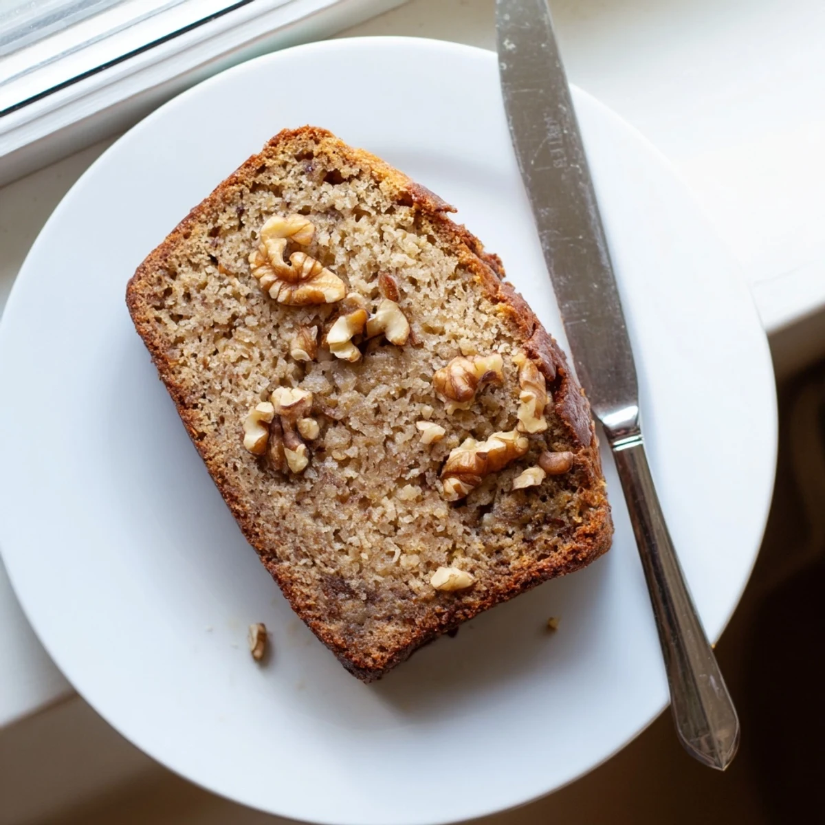 Warm banana nut bread slices stacked beside a cup of coffee for breakfast