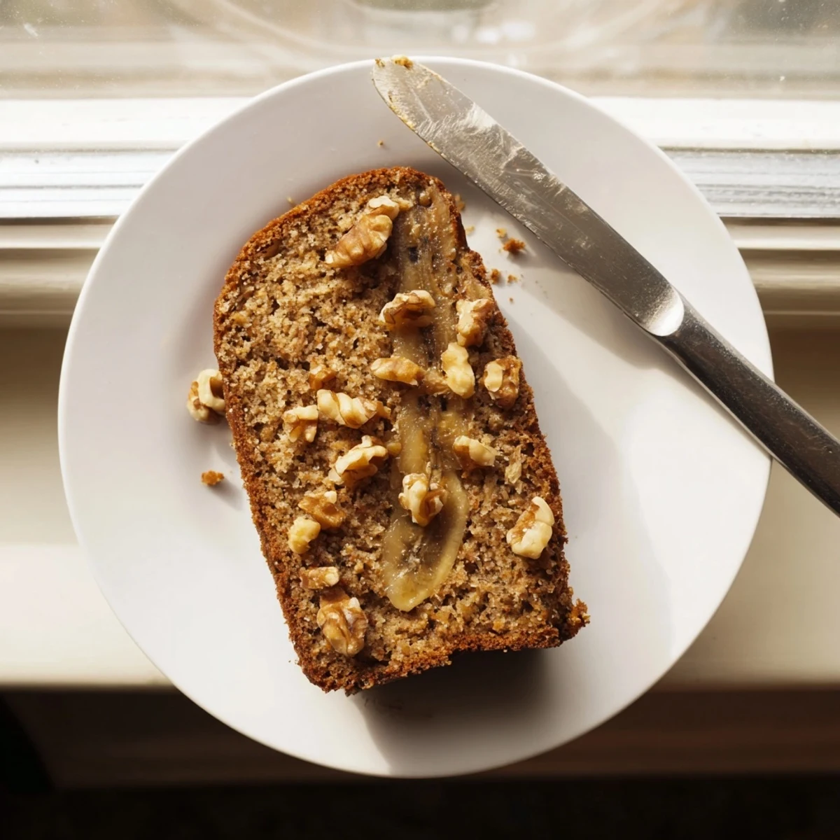Moist banana nut bread sliced on a rustic board with scattered walnut pieces