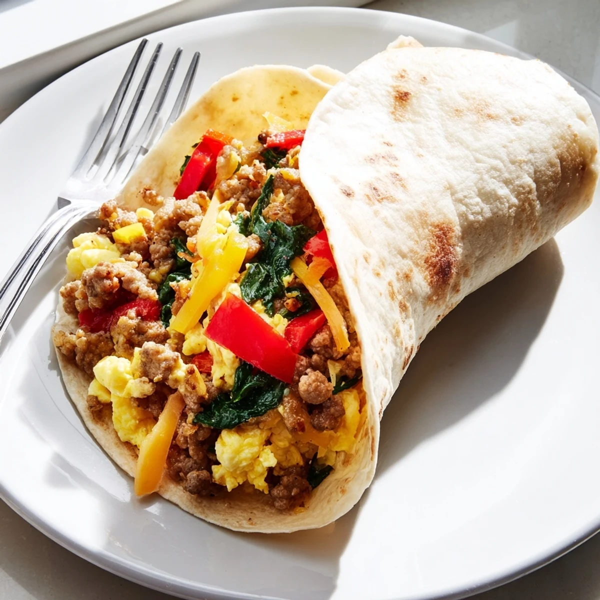 Golden freezer breakfast burritos stuffed with scrambled eggs, sausage, and melted cheddar