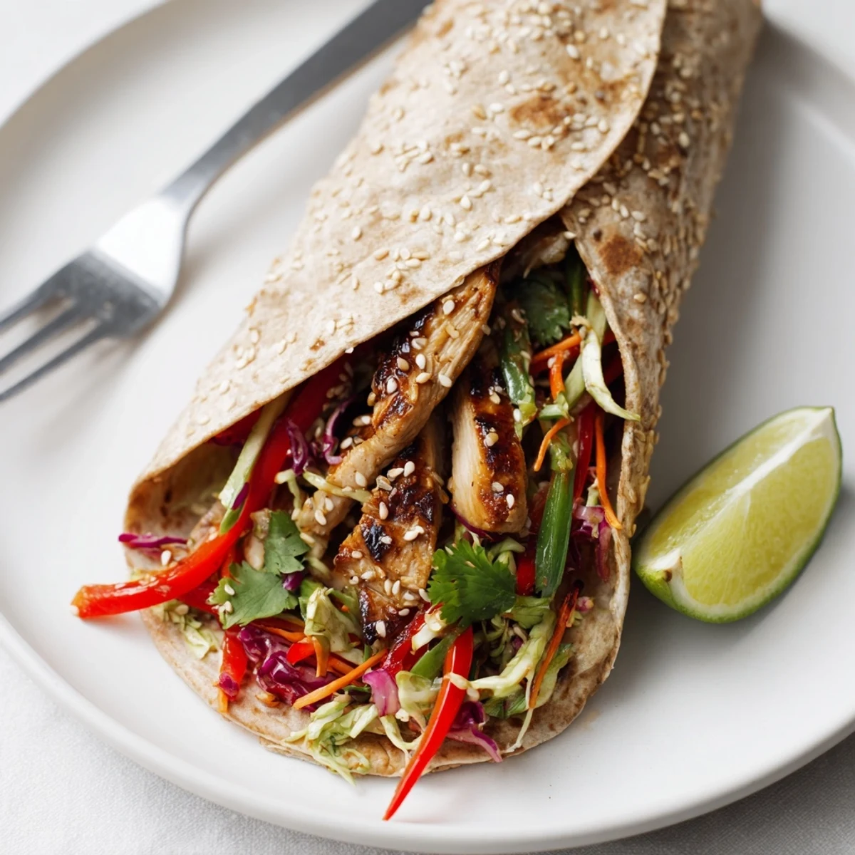 Juicy sliced chicken nestled in Thai chicken wraps with crunchy Asian slaw