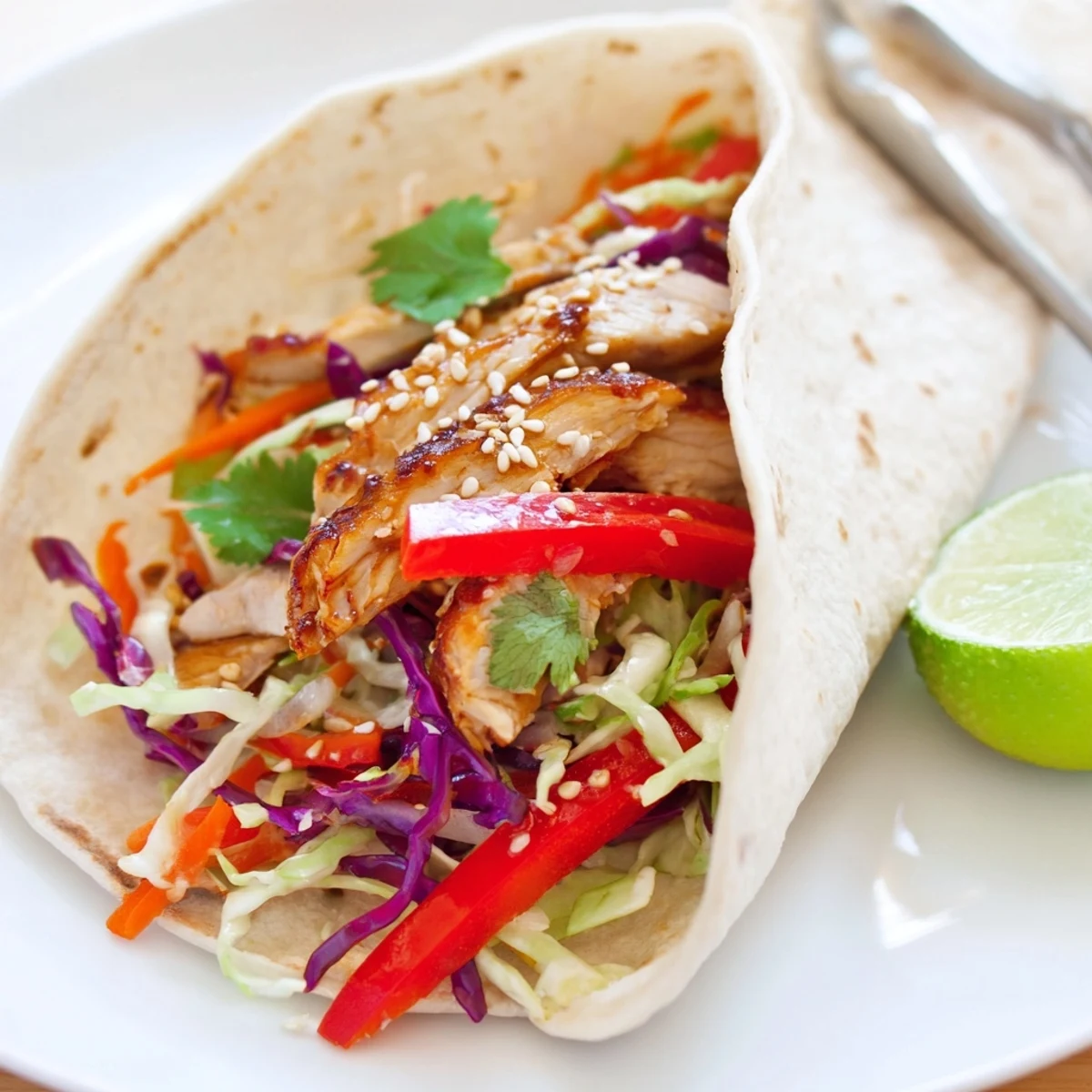 Soft tortilla Thai chicken wraps topped with crisp cabbage slaw and sesame seeds