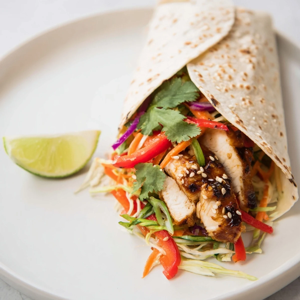 Thai chicken wraps filled with charred chicken strips and vibrant tangy slaw