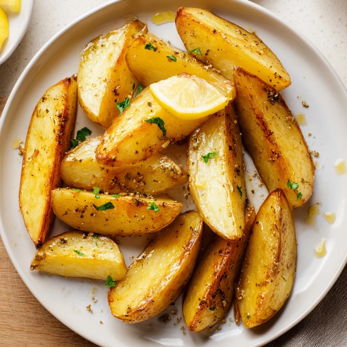 Authentic Greek Lemon Potatoes Recipe: golden wedges roasted, tangy lemon aroma, parsley