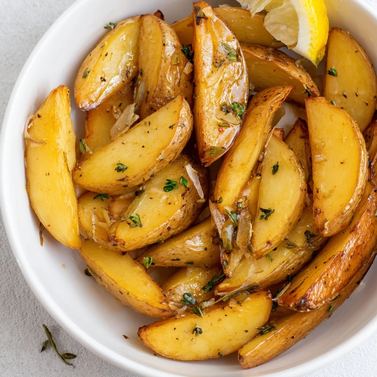 Warm Authentic Greek Lemon Potatoes Recipe served with lemon wedges, crisp edges