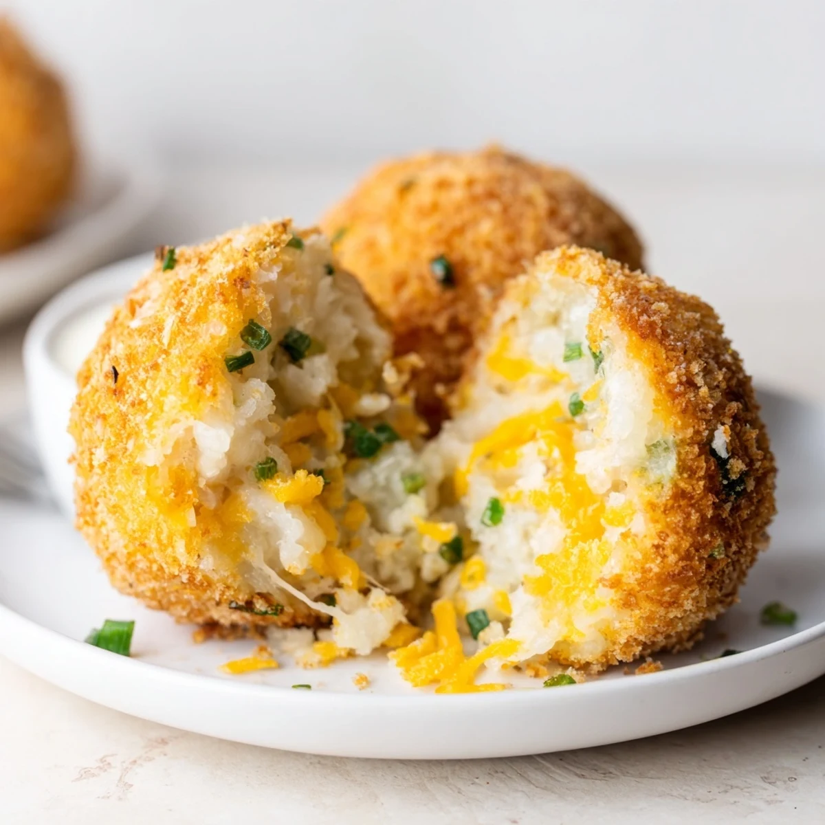 Golden Fried Mashed Potato Balls with gooey cheddar, crispy panko coating steaming