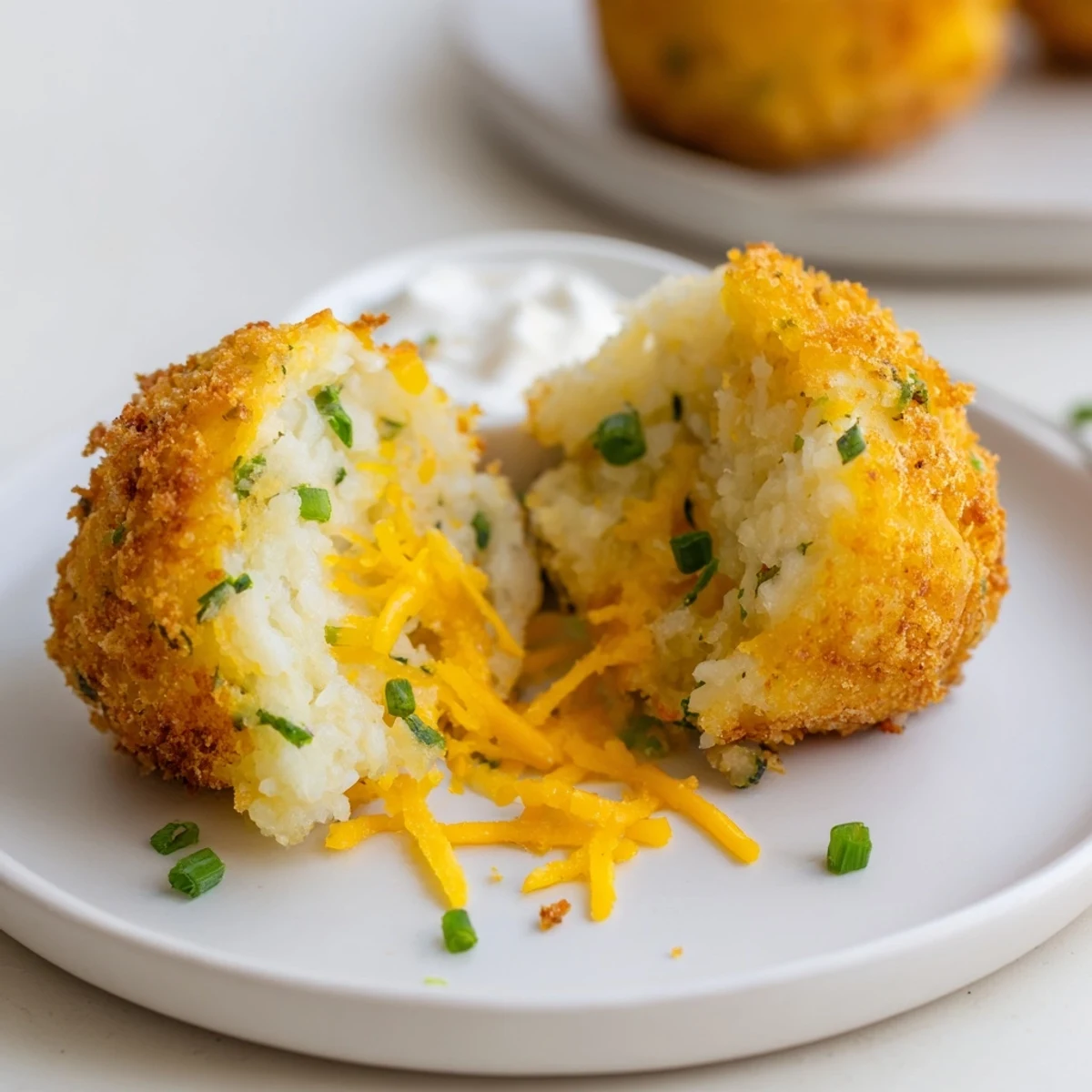 Handheld Fried Mashed Potato Balls reveal creamy interior, perfect game-day appetizer