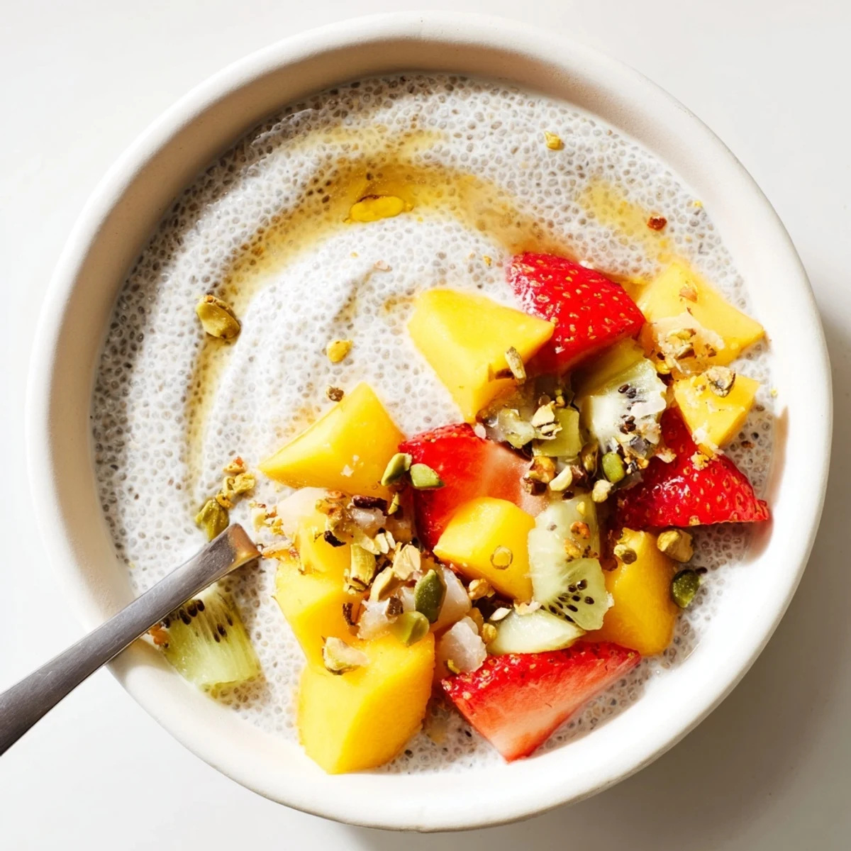 Coconut Chia Pudding topped with mango and toasted coconut flakes, chilled.
