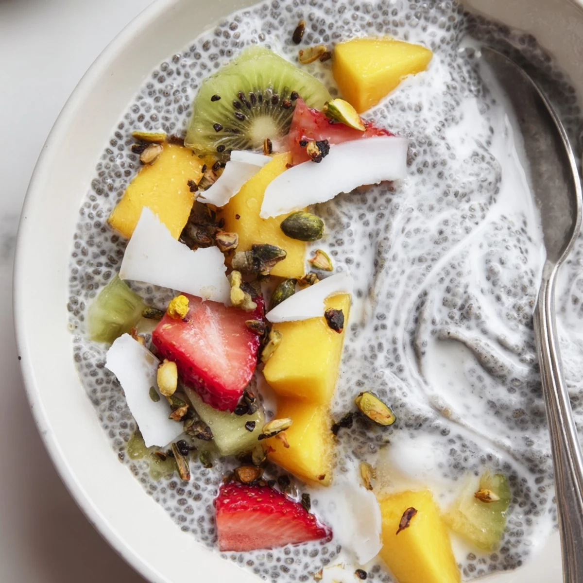 A chilled Coconut Chia Pudding spoon-ready, layered with kiwi and coconut.