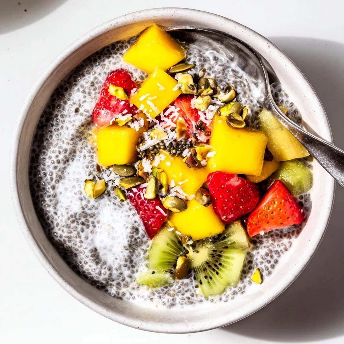 Creamy Coconut Chia Pudding layered in glass, garnished with berries and nuts.