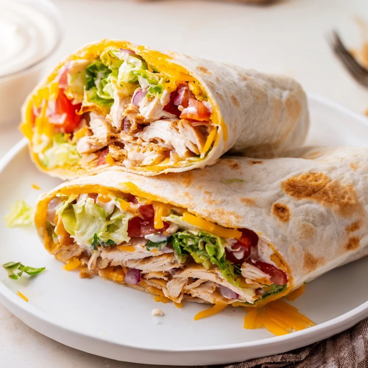 Cheesy Garlic Chicken Wraps with gooey cheddar, warm tortilla, crisp lettuce
