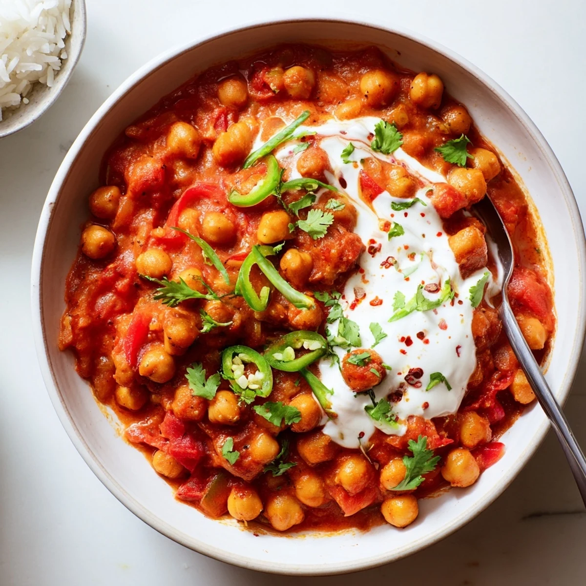 Creamy Greek Yogurt Chickpea Curry steaming over rice, garnished with cilantro