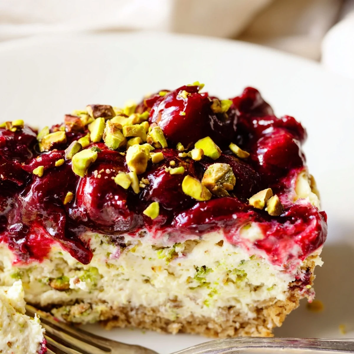 Lemon Lime Cherry Pistachio Cheesecake gleaming with bright cherries and chopped pistachios